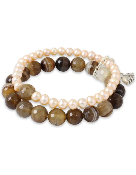 Silver Cultured Freshwater Pearl Agate Stretch Bracelet with Elephant Charm Fine Beige White Brown Beaded Thailand 'Iridescent Forest'