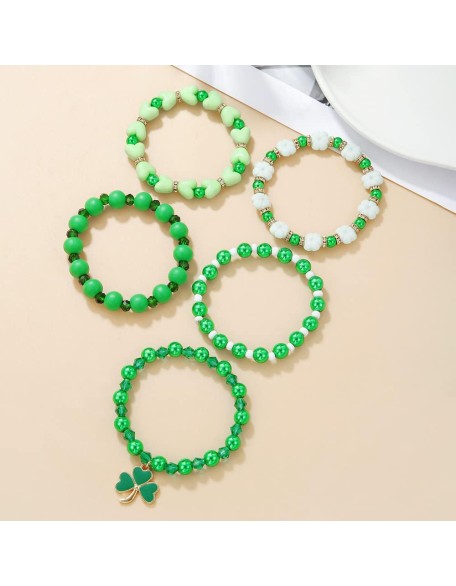 Cute Wooden Beads Bracelet Set Dwarf Hat Irish Shamrock Wooden Green Clover Strecth Bracelets
